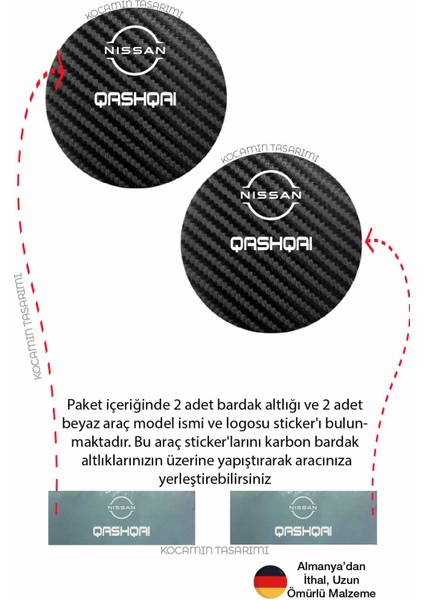 Nissan Qashqai Yazılı Siyah Karbon Araç Bardak Altlığı Nissan Logolu Qashqai Için Şık ve Spor 7 cm Tasarım 2 Adet