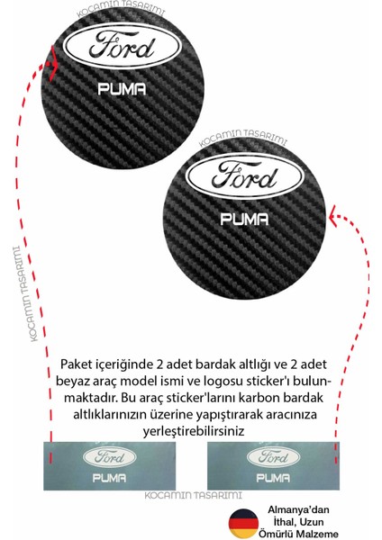 Ford Puma Siyah Karbon Bardak Altlığı Ford Armalı Puma Yazılı 7 cm Dayanıklı Özel Tasarım 2 Adet