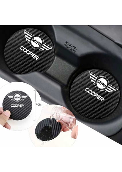Mını Cooper Yazılı Siyah Karbon Araç Bardak Altlığı Mını Logolu Cooper Için Şık ve Spor 7 cm Tasarım 2 Adet