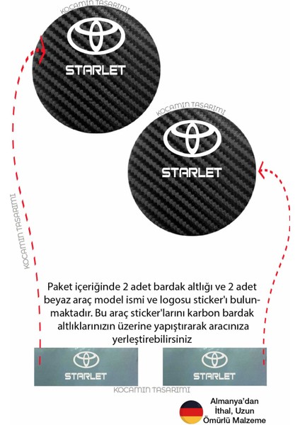 Toyota Starlet Siyah Karbon Araç Bardak Altlığı Toyota Logolu Starlet 7 cm Dayanıklı Özel Tasarım 2 Adet