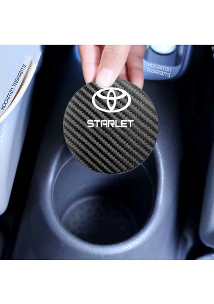 Toyota Starlet Siyah Karbon Araç Bardak Altlığı Toyota Logolu Starlet 7 cm Dayanıklı Özel Tasarım 2 Adet