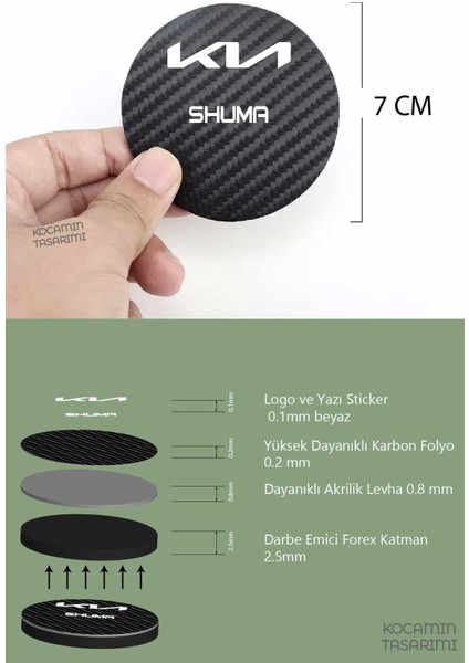 Kia Shuma Karbon Bardak Altlığı Kia Shuma Yazılı Spor ve Şık 2 Adet 7 cm Tasarım