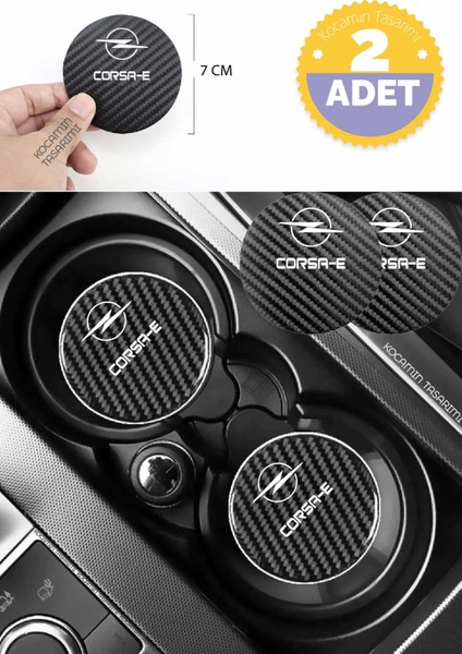 Opel Corsa-E Siyah Karbon Bardak Altlığı Opel Logolu Corsa-E Yazılı Dayanıklı 7 cm Tasarımı 2 Adet