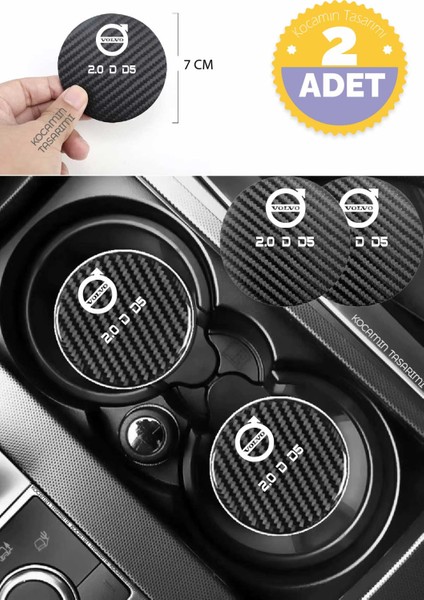 Volvo 2.0 D D5 Siyah Karbon Bardak Altlığı 2 Adet Volvo Logolu 2.0 D D5 Yazılı 7 cm Için Özel Tasarım
