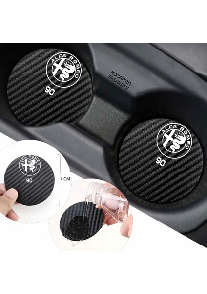 Alfa Romeo 90 Siyah Karbon Araç Bardak Altlığı Alfa Romeo Logolu 90 7 cm Dayanıklı Özel Tasarım 2 Adet