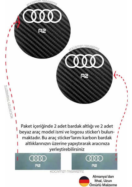 Audi A2 Araba Için Karbon Bardak Altlığı Audi A2 Yazılı 7 cm Dayanıklı Şık Tasarım 2 Adet modelleri