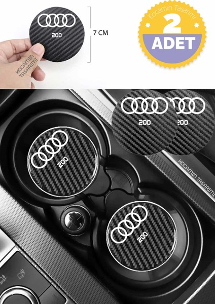 Audi 200 Karbon 7 cm Bardak Altlığı 2 Adet Audi Amblemli 200 Yazılı Spor Şıklığı Için