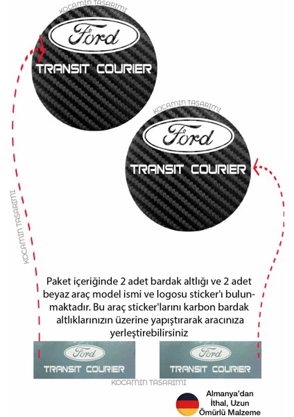 Ford Transit Courier Araba Için Karbon Bardak Altlığı Ford Transit Courier Yazılı 7 cm Dayanıklı Şık Tasarım 2 Adet modelleri