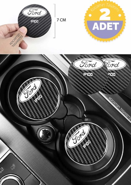 Ford P100 Karbon 7 cm Bardak Altlığı 2 Adet Ford Amblemli P100 Yazılı Spor Şıklığı Için