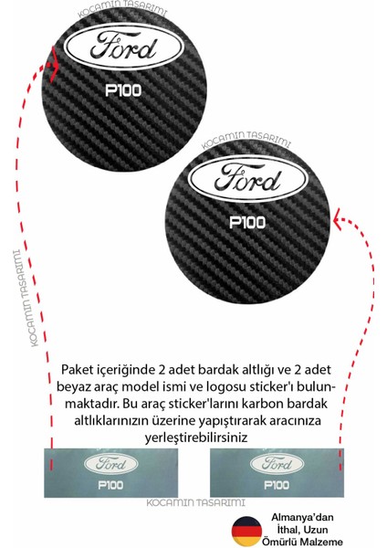 Ford P100 Karbon 7 cm Bardak Altlığı 2 Adet Ford Amblemli P100 Yazılı Spor Şıklığı Için