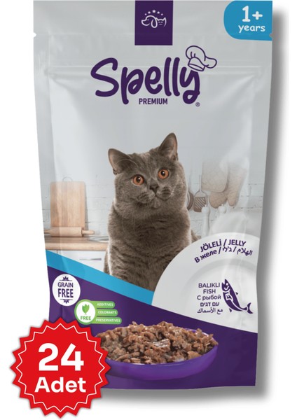 24 Adet x Spelly Premium Yetişkin Yaş Kedi Maması - Balık (85GR)