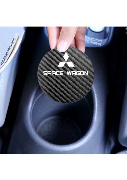 Mitsubishi Space Wagon Yazılı Siyah Karbon Araç Bardak Altlığı Mitsubishi Logolu Space Wagon Için Şık ve Spor 7 cm Tasarım 2 Adet