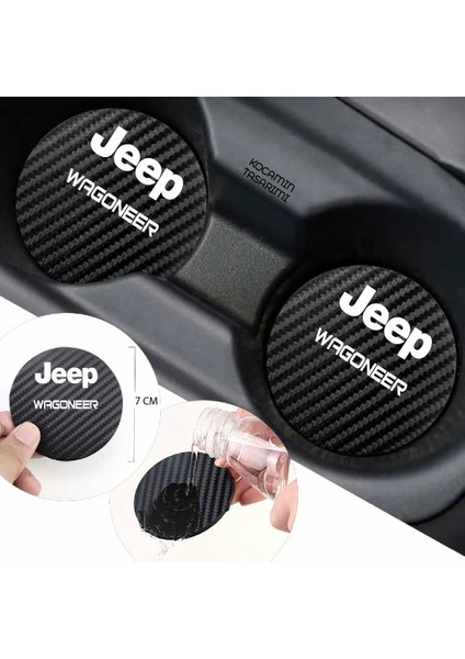 Jeep Wagoneer Yazılı Siyah Karbon Araç Bardak Altlığı Jeep Logolu Wagoneer Için Şık ve Spor 7 cm Tasarım 2 Adet