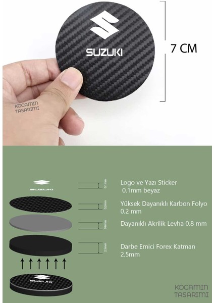 Suzuki Universal Araba Için Karbon Bardak Altlığı Suzuki Universal Yazılı 7 cm Dayanıklı Şık Tasarım 2 Adet