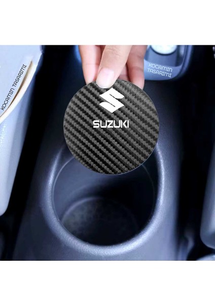 Suzuki Universal Araba Için Karbon Bardak Altlığı Suzuki Universal Yazılı 7 cm Dayanıklı Şık Tasarım 2 Adet