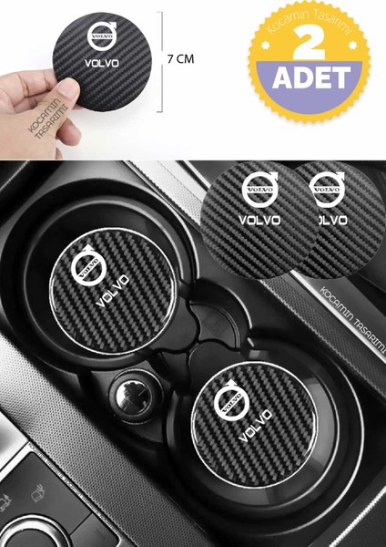 Volvo Universal Siyah Karbon Bardak Altlığı Volvo Logolu Universal Yazılı Dayanıklı 7 cm Tasarımı 2 Adet