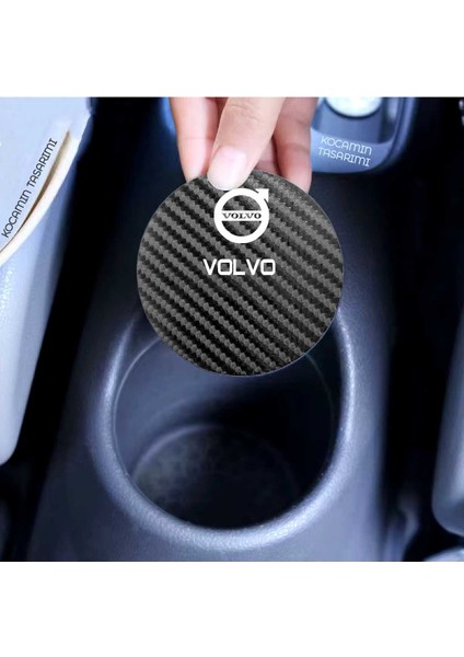 Volvo Universal Siyah Karbon Bardak Altlığı Volvo Logolu Universal Yazılı Dayanıklı 7 cm Tasarımı 2 Adet
