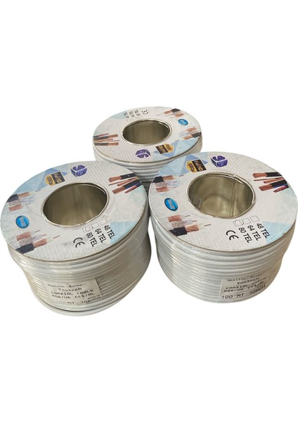 Beyaz RG6U6 Uydu Anten Kablosu 300METRE-3 Top -3 Adet 100M