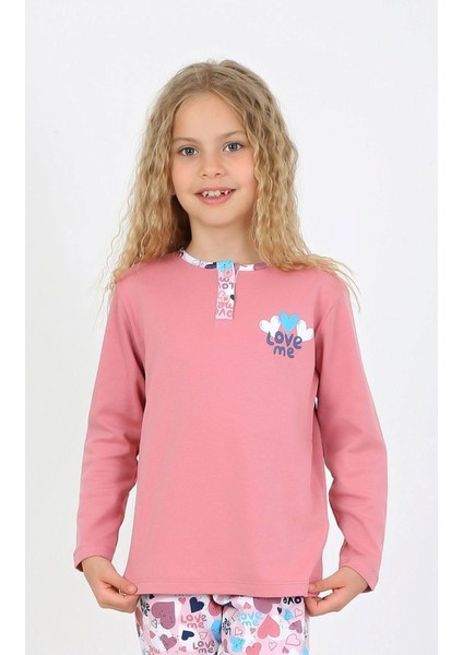 Kız Çocuk You Me Baskılı Uzun Kollu %100 Pamuklu Düğme Detaylı Pijama Takımı 10/15 Yaş