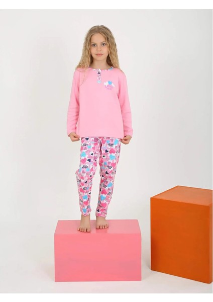 Kız Çocuk Kalp Baskılı Uzun Kollu %100 Pamuklu Düğme Detaylı Pijama Takımı 10/15 Yaş fiyatları