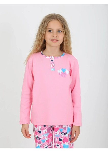 Kız Çocuk Kalp Baskılı Uzun Kollu %100 Pamuklu Düğme Detaylı Pijama Takımı 10/15 Yaş modelleri