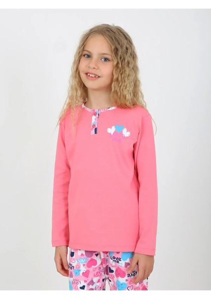 Kız Çocuk Love Me Baklı Uzun Kollu %100 Pamuklu Düğme Detaylı Pijama Takımı 6/9 Yaş fiyatları