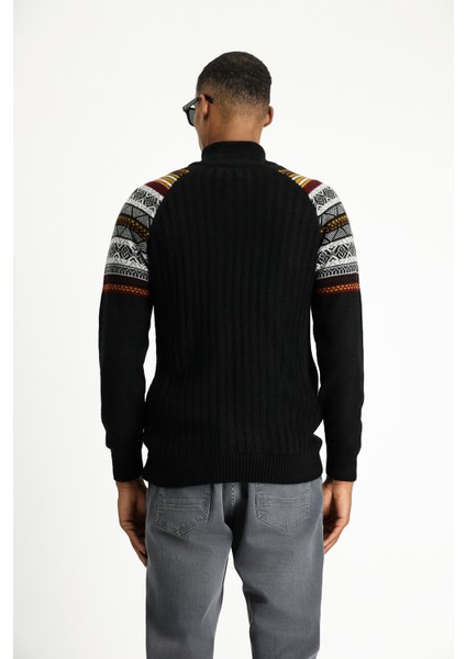 Bato Yaka Slim Fit Dar Kesim Fermuarlı Desenli Triko Kazak