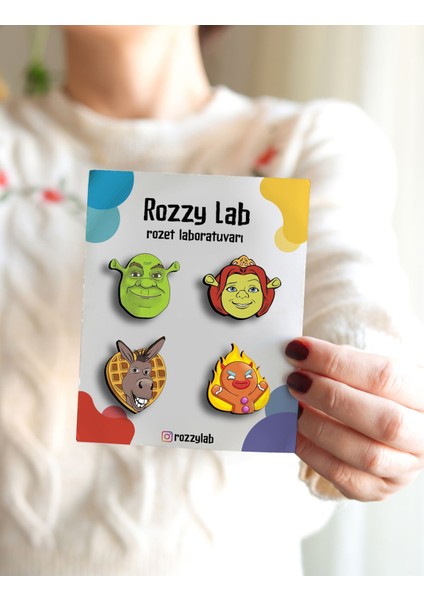 Shrek 4lü Rozet Set - Shrek Prenses Fiona Eşek Zencefil Adam Şrek - Broş - Yaka Çanta Aksesuar modelleri