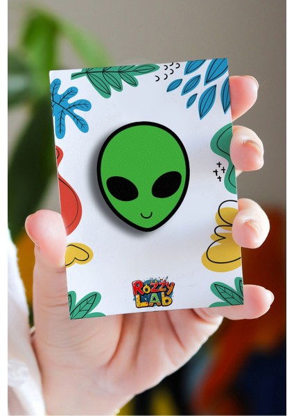 Yeşil Uzaylı Kafa - Rozet - Broş - Yaka Çanta Aksesuar