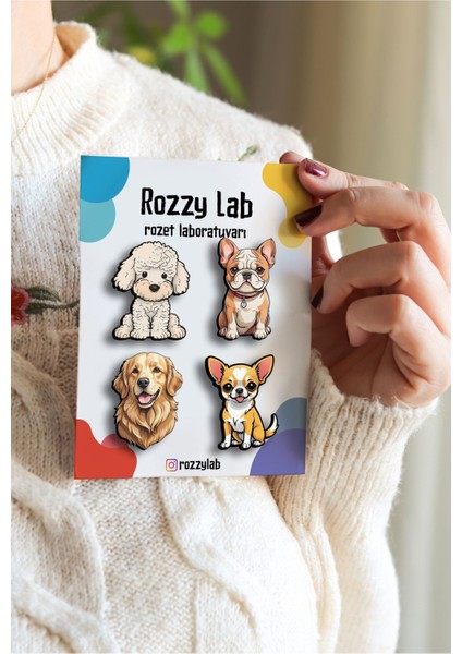 4'lü Köpek Rozet Set Poodle Kaniş Bulldog Golden Chihuahua - Rozet - Broş - Yaka Çanta Aksesuar