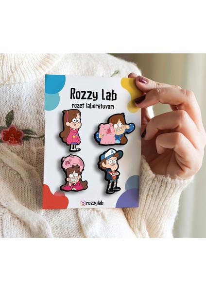 Esrarengiz Kasaba 4lü Rozet Set - Mabel Dipper Domuz - Broş - Yaka Çanta Aksesuar
