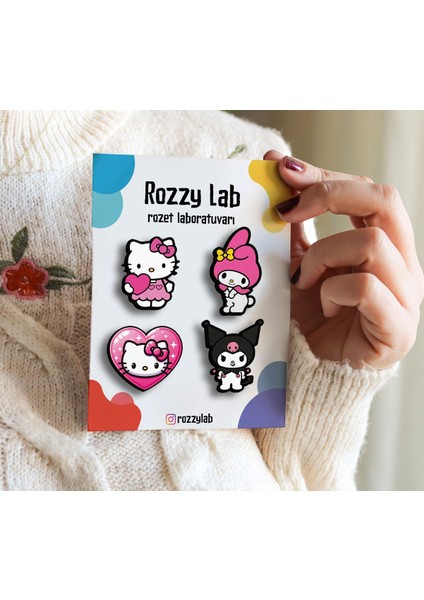Hello Kitty 4lü Rozet Set - Hello Kitty Kuromi Melody - Broş - Yaka Çanta Aksesuar