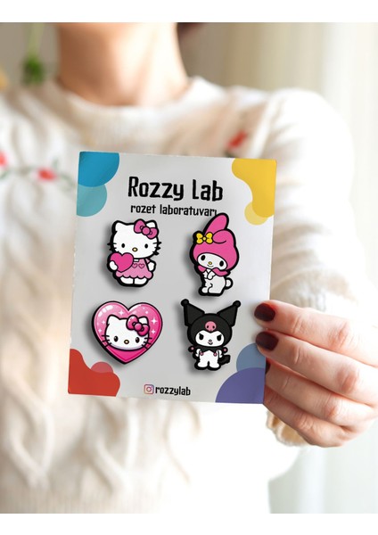 Hello Kitty 4lü Rozet Set - Hello Kitty Kuromi Melody - Broş - Yaka Çanta Aksesuar modelleri
