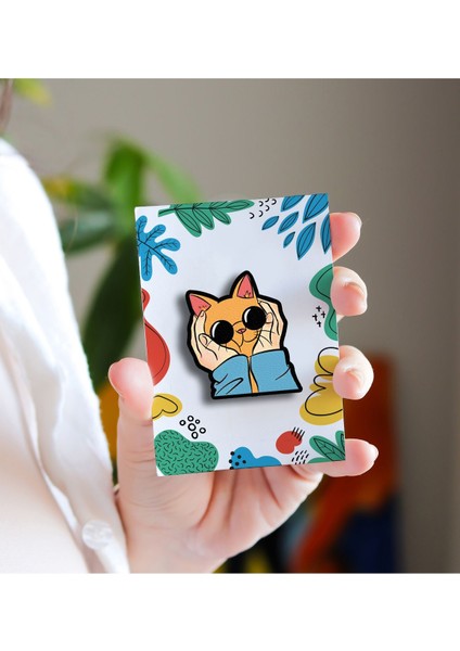 Gözlüklü Kedi Ahşap Broş - Yaka Çanta Aksesuar Renkli Eğlenceli Tasarım