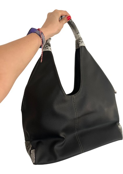 Design - Basic Tote Model Siyah & Yılan Baskı Detaylar Deri Omuz Çantası
