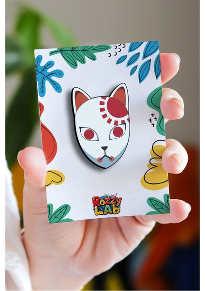 Tanjiro Mask - Anime Rozet - Ahşap - Pin - Broş - Yaka Çanta Aksesuar