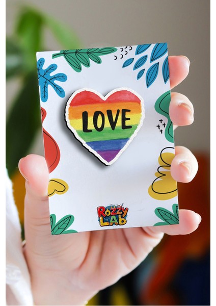 Sevgililer Günü Gökkuşağı Kalp Love Pin - Rozet - Ahşap - Broş - Yaka Çanta Aksesuar