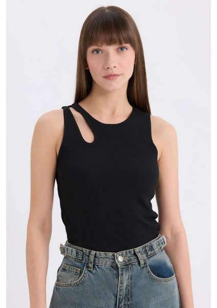 Slim Fit Dar Kesim Bisiklet Yaka Fitilli Kaşkorse Siyah Atlet A3422AX25SP
