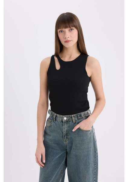 Slim Fit Dar Kesim Bisiklet Yaka Fitilli Kaşkorse Siyah Atlet A3422AX25SP