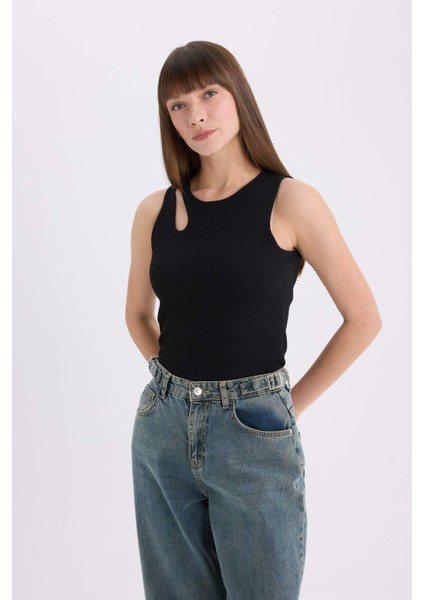 Slim Fit Dar Kesim Bisiklet Yaka Fitilli Kaşkorse Siyah Atlet A3422AX25SP