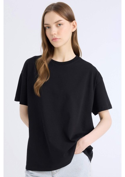 Oversize Geniş Kalıp Bisiklet Yaka Basic Düz Siyah Kısa Kollu Siyah Tişört E4935AX25SP