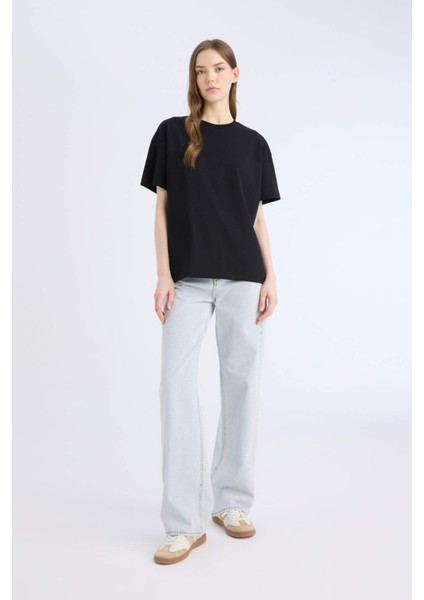 Oversize Geniş Kalıp Bisiklet Yaka Basic Düz Siyah Kısa Kollu Siyah Tişört E4935AX25SP
