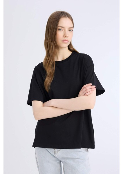 Oversize Geniş Kalıp Bisiklet Yaka Basic Düz Siyah Kısa Kollu Siyah Tişört E4935AX25SP