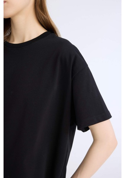 Oversize Geniş Kalıp Bisiklet Yaka Basic Düz Siyah Kısa Kollu Siyah Tişört E4935AX25SP