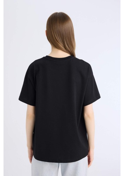 Oversize Geniş Kalıp Bisiklet Yaka Basic Düz Siyah Kısa Kollu Siyah Tişört E4935AX25SP