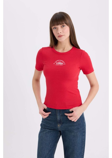 Fitted Bisiklet Yaka Baskılı Fitilli Kaşkorse Kısa Kollu Tişört E5069AX25SP modelleri