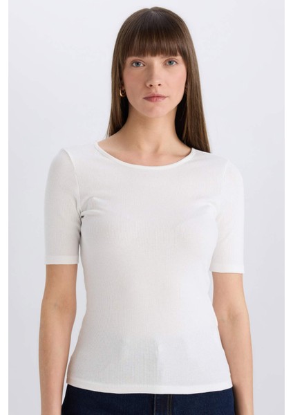 Slim Fit Dar Kesim Bisiklet Yaka Basic Düz Fitilli Kaşkorse Kısa Kollu Tişört E5776AX25SP