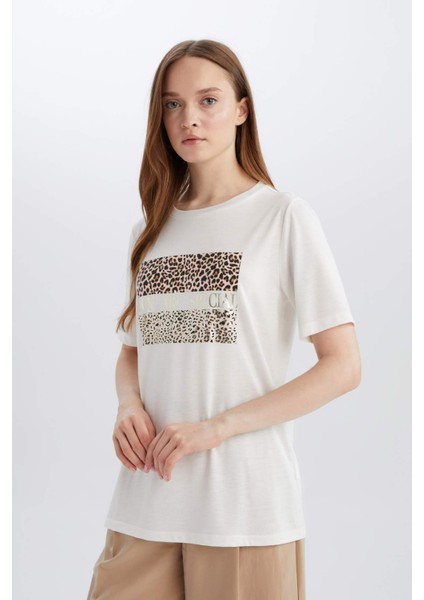 Regular Fit Bisiklet Yaka Leopar Baskılı Kısa Kollu Tişört D8925AX25SP