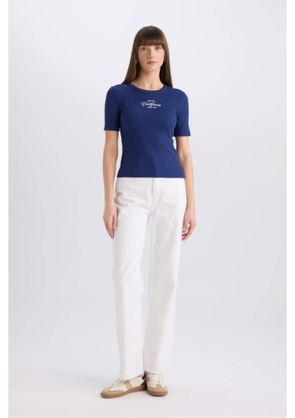 Slim Fit Dar Kesim Bisiklet Yaka Baskılı Fitilli Kaşkorse Kısa Kollu Tişört E5070AX25SP