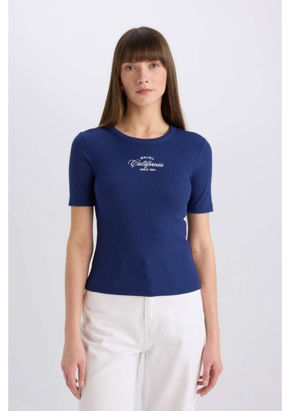 Slim Fit Dar Kesim Bisiklet Yaka Baskılı Fitilli Kaşkorse Kısa Kollu Tişört E5070AX25SP